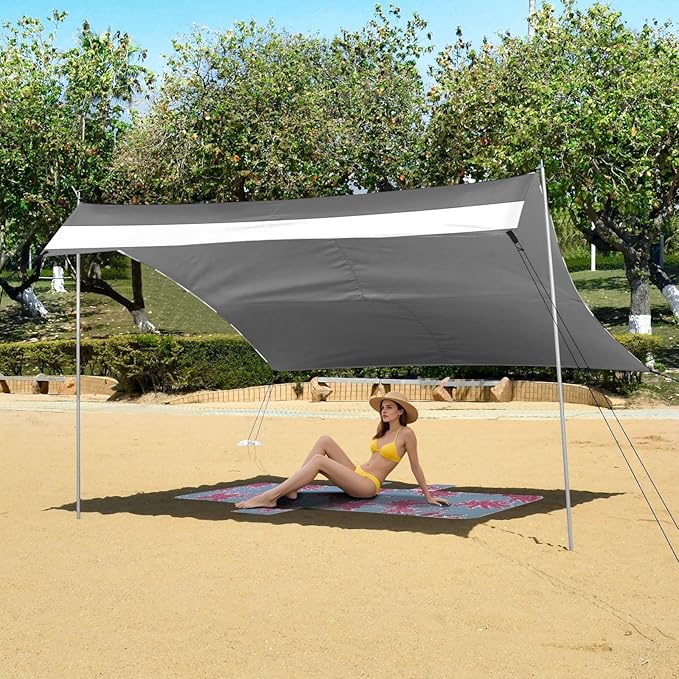 ALAZA Grey White Striped Beach Tent Sun Shelter Portable Canopy Sunshade for Outdoor Camping Picnics Backyard Fun 10x9 ft