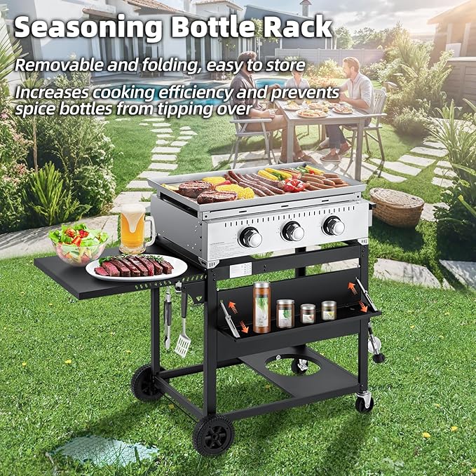 MELLCOM 3 Burner 30000 BTU Outdoor Gas Griddle with Lid (Side Shelf) Portable Flat Top Griddle 28 Inch Heavy- Duty Cast lron Grill Bottle Rack &amp Grease Pan for Camping Picnic Patio