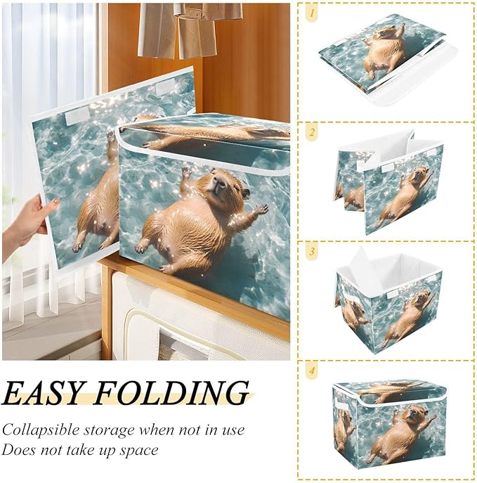 AIXIWAWA Lidded Storage Cube (Floating Capybara) Fabric Foldable Closet Bins with Flip Lid and Handles Organizer Basket Container 16.5 x 12.6 x 11.8 IN