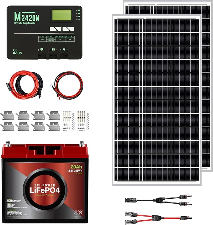 ECI Power 200W 12V Solar Power Kit | 12V 20Ah LiFePO4 Lithium Battery | 200W Mono Rigid Solar Panels 20A MPPT Solar Charge Controller | RV Trailer Camper Marine Off Grid Solar Projects