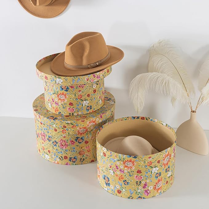 Soul &amp Lane Botanica Bliss Gold Round Hat Boxes with Lids - Set of 3: Nesting Cardboard Hat Storage Boho Floral Print Cases Stacking Circle Decorative Keepsake Boxes