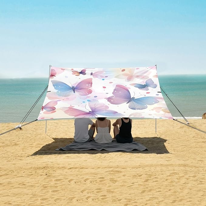 ALAZA Pink &amp Blue Butterfly Beach Tent Sun Shelter UPF50+ Protection Beach Shade Canopy w/ 4 Sandbags for Outdoor Camping Fishing Backyard Fun Picnic 10x9 ft