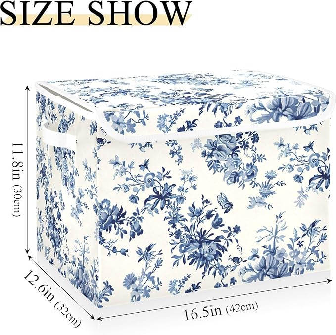 Texture Blue Flowers Large Storage Bins with Linen Foldable Storage Cubes Fabric Closet Organizer Containers box with Flip-Top Lid for Home Office Closet 16.5” x 12.6” x 11.8”