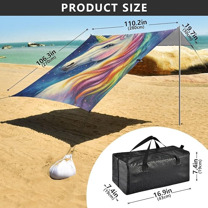 ALAZA Rainbow Unicorn Starry Beach Tent Sun Shelter Portable Canopy Sunshade for Outdoor Camping Picnics Backyard Fun 10x9 ft