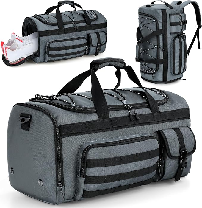 Gonex 45L Duffel Bag for Men 3 in 1 Convertible Carry Gym Duffle with Shoe Compartment Tactical Gear Loops Water-Repellent Lining Workout &amp Travel Bag (Gray)
