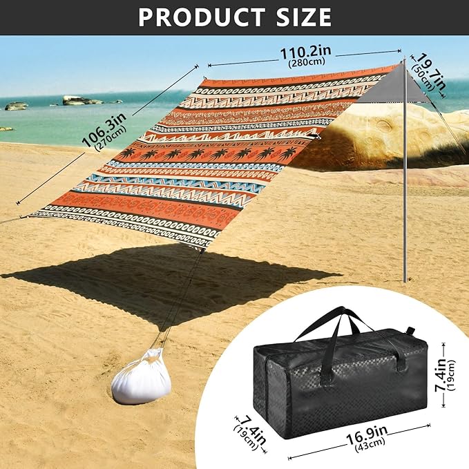 xigua Boho Tribal Aztec Beach Tent Sun Shelter with Carrying Bag - Silver Coated Oxford Fabric Beach Canopy for Beach Camping Fishing - Includes Windproof Ropes Sandbags &amp Stakes