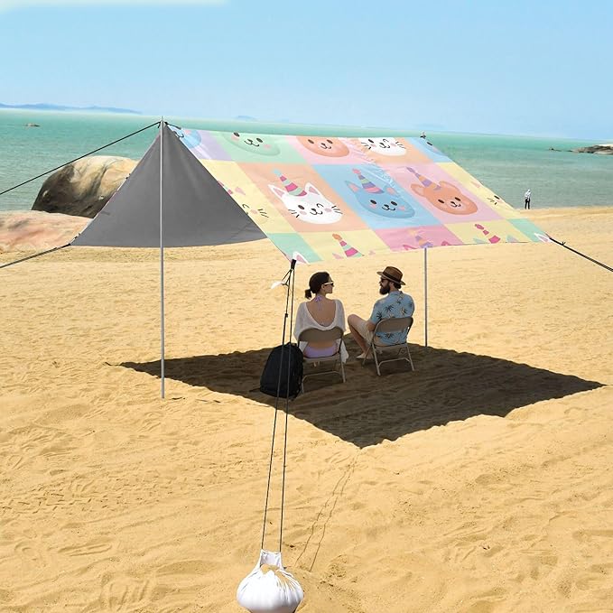 Animal Beach Canopy Sun Shelter with Sandbags &amp Sand Shovel &amp Windproof Ropes - Portable 110x126 Beach Shade Beach Tent for Camping Picnics