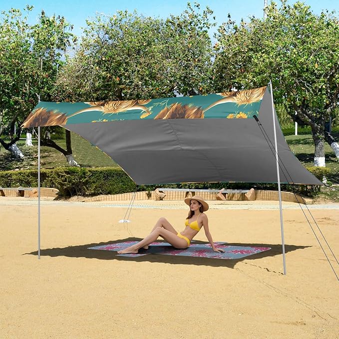 ALAZA Highland Cattle Chrysanthemum Pattern Beach Tent Sun Shelter Portable Canopy Sunshade for Outdoor Camping Picnics Backyard Fun 10x9 ft