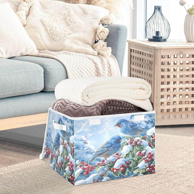senya Winter Baskets Collapsible Storage Bins with Lids Blue Bird Evergreen Branch Storage Boxes Clothes Baskets for Organizing