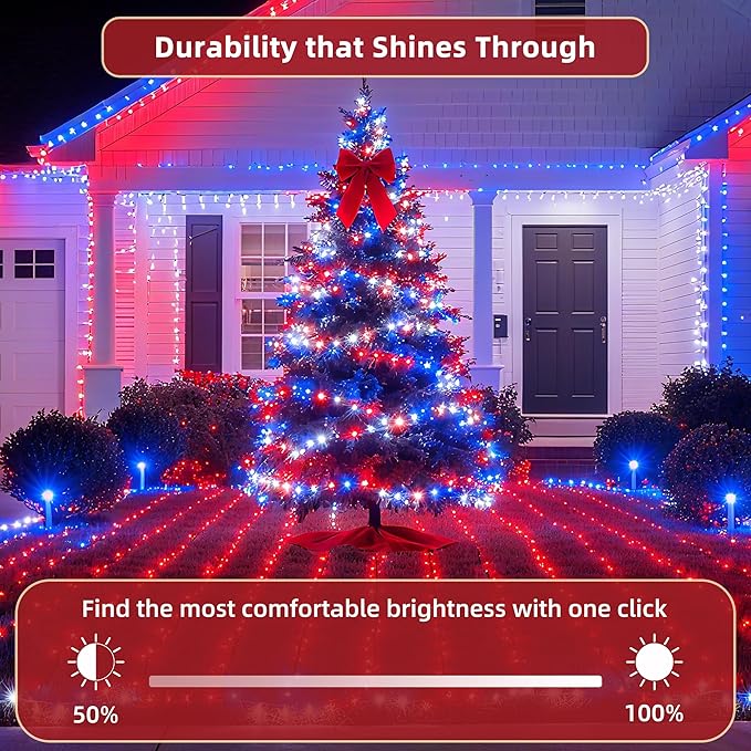 240FT Christmas Lights Outdoor 750 LED Christmas Tree Decoration Lights with 12 Modes &amp Timer Memory Dimmable Plug In Waterproof LED Xmas Light for Yard Wedding Party Holiday Red White &amp Blu
