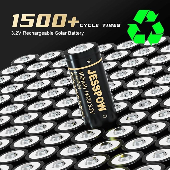 14430 3.2 Volt Rechargeable Solar Battery with Charger JESSPOW Rechargeable LiFePo4 Batteries [ 450mAh 3.2V 8Pack ] for Outdoor Garden Light Solar Panel Light Shaver Flashlight (NOT AA Battery)
