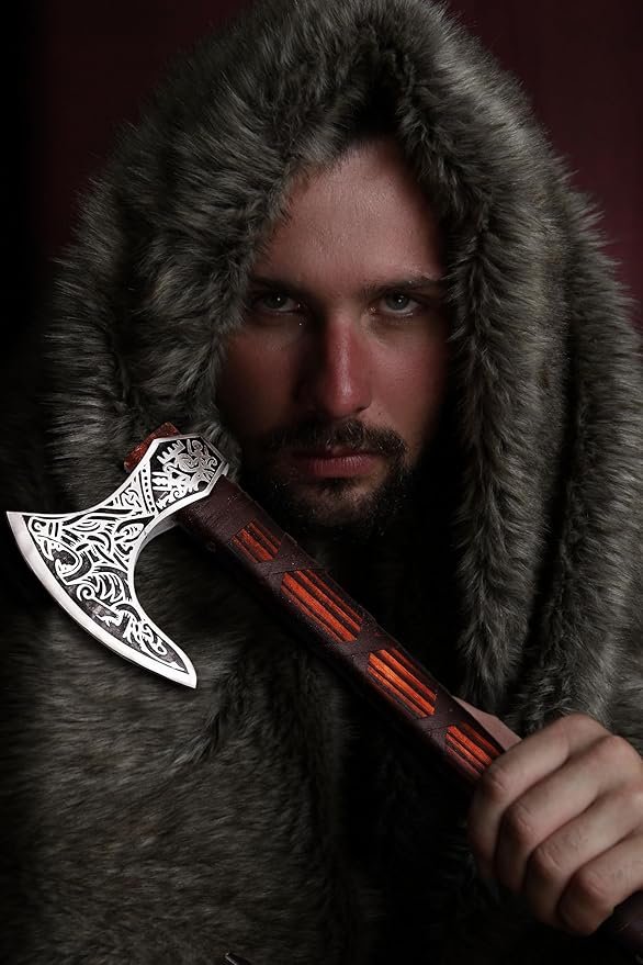 Generic KnifeArt Viking Axe Carbon Steel Blade Viking Style with Leather Wrap Length 22 inches(Brown) Camping Axe