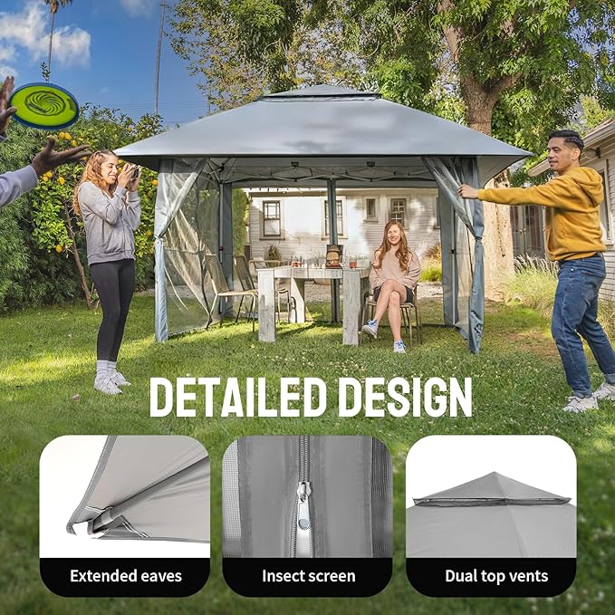 CROWN SHADES 13x13 Pop Up Gazebo Canopy Tent Gazebos on Clearance - Outdoor Gazebo for Backyard &amp Patio Furniture - Carpa Pop Up Tent with Wheeled STO-N-Go Cover Bag (Grey)
