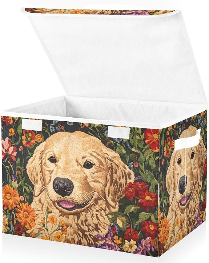 Storage Cube with Lid Labrador Floral Print 16.5×12.6×11.8 IN Collapsible Large Capacity Foldable Storage Basket Bin Organizer