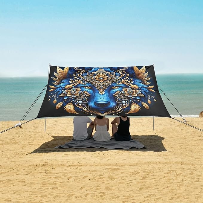 ALAZA Wolf Head Boho Beach Tent Sun Shelter UPF50+ Protection Beach Shade Canopy w/ 4 Sandbags for Outdoor Camping Fishing Backyard Fun Picnic 10x9 ft