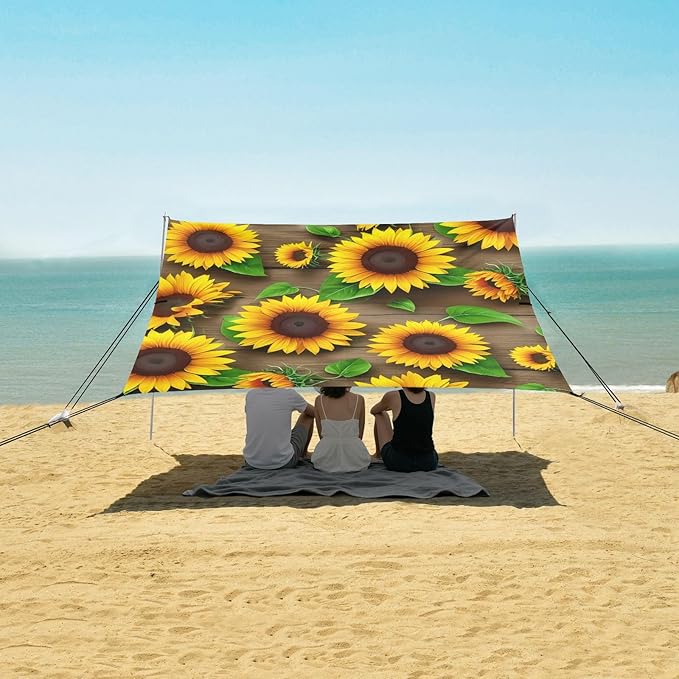 Beach Canopy with Windproof Ropes &amp Sandbags Beach Tent Sun Shade Sun Shelter for Camping Trips Fishing Backyard Fun or Picnics Sunflowers
