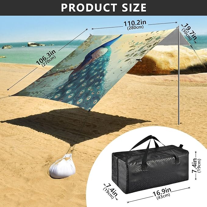 ALAZA Peacock Tree Beach Tent Sun Shelter Portable Canopy Sunshade for Outdoor Camping Picnics Backyard Fun 10x9 ft