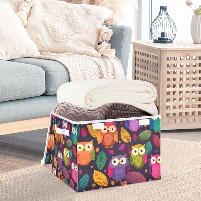 Storage Bins with Lids Storage Containers Box Organizer Bin Basket with Handles for Closet Shelves Clothes Stackable Foldable Decorative Black Owl and Leaves