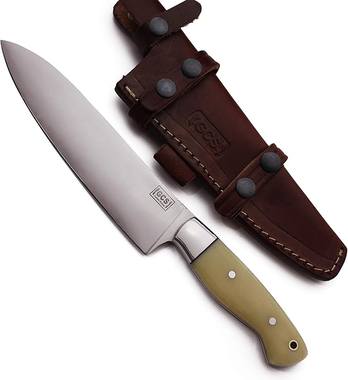 GCS Handmade Bone Handle D2 Tool Steel Chef Knife with leather sheath Full tang blade designed for Hunting &amp EDC GCS 132