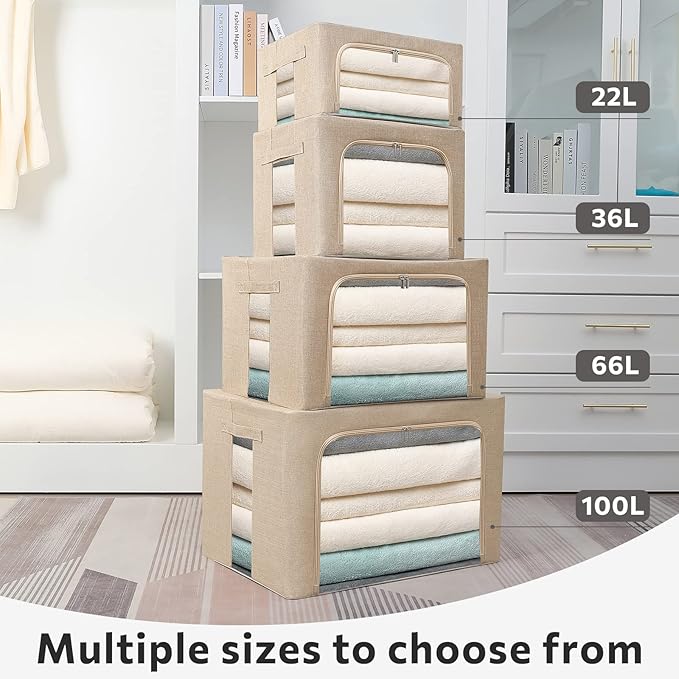 FHSQX 2 Pack Clear Window Storage Bins - Large Stackable Linen Fabric Storage for Clothes Foldable Container Organizer Set with Carrying Handles (Beige 19.7x 15.7x 12.6 Inch)