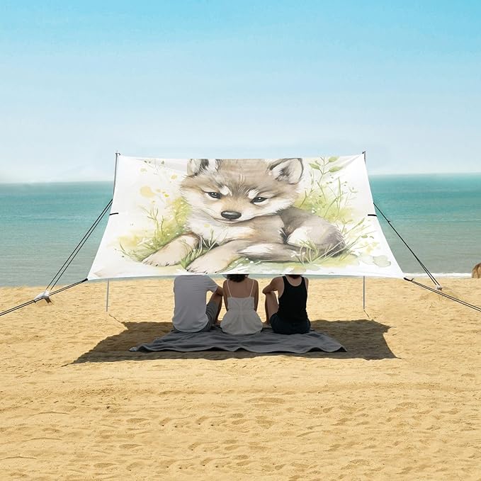 ALAZA Cute Wolf Baby Beach Tent Sun Shelter UPF50+ Protection Beach Shade Canopy w/ 4 Sandbags for Outdoor Camping Fishing Backyard Fun Picnic 10x9 ft