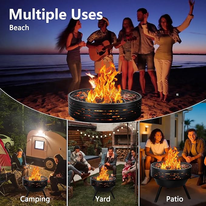 3-in-1 Fire Pit with Grill &amp Lid 23 Outdoor Fire Pit Table Cast Iron Wood Burning Firepit Heavy Duty Fire Bowl for Outside Patio Backyard Fireplaces Large BBQ Pit Table with Fire Poker