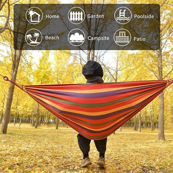 Rainbow Hammock Cotton Hammocks Comfortable Fabric Hammock with Tree Straps for Travel Patio Garden Hanging Sturdy Hammocks Up to 660lbs Indoor/Outdoor Portable Hamacas with Travel Bag（Rainbow）