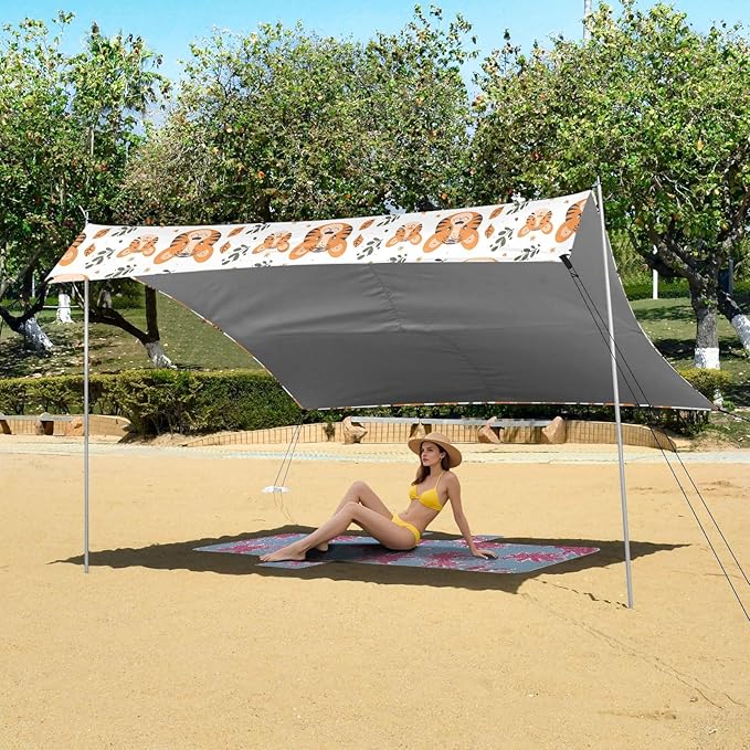 ALAZA Cute Tiger Leaves Cartoon Beach Tent Sun Shelter UPF50+ Protection Beach Shade Canopy w/ 4 Sandbags for Outdoor Camping Fishing Backyard Fun Picnic 10x9 ft