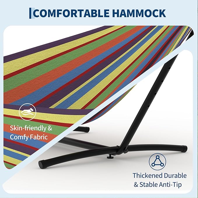 Jojoka Double Hammock with Heavy-Duty Steel Stand – Portable Space-Saving Design – Comfortable Polyester Cotton – Indoor/Outdoor Patio Garden Camping – 450 lbs Capacity – Carry Bag – Yellow Rainbow