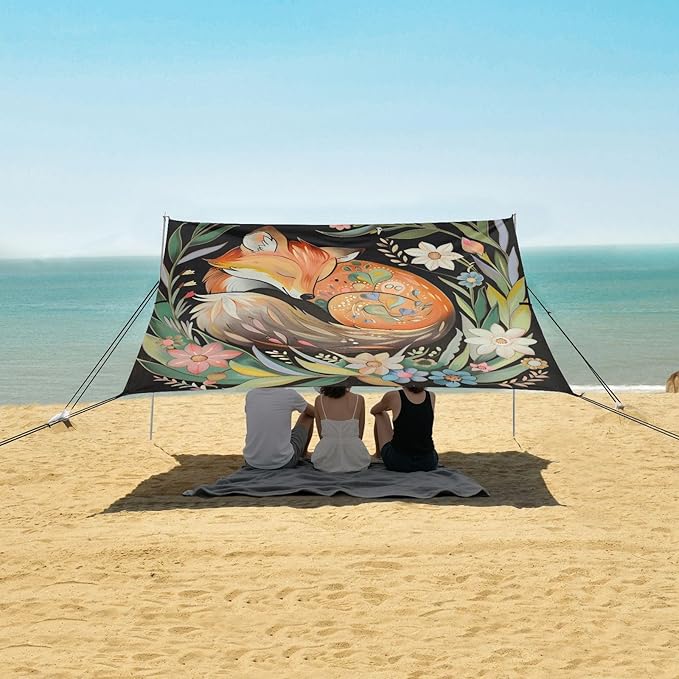 ALAZA Fox Grass Surrounded Wildflower Beach Tent Sun Shelter Portable Canopy Sunshade for Outdoor Camping Picnics Backyard Fun 10x9 ft