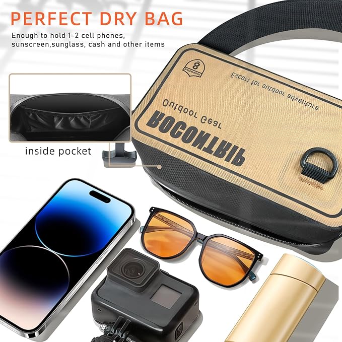 ROCONTRIP 100% Waterproof Dry Bag Dry Waist Pack with Airtight Zipper Adjustable Strap Sling Bag Lightweight Crossbody Dry Bag for Kayaking Snorkelling and Swimming (Khaki)