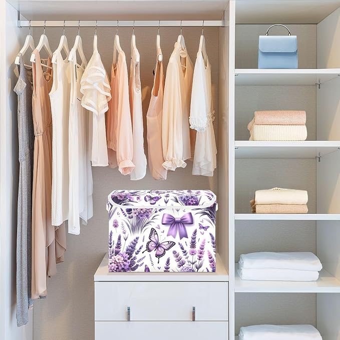 susiyo Large Foldable Storage Bin with Flip-Top Lid Lavender Flowers Butterflies Storage Box Collapsible Closet Organizer Containers Boxes Decorative Baskets with Handles for Home Bedroom Living Room