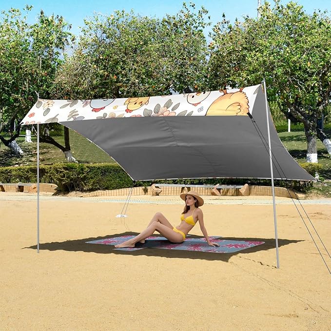 Cute Floral Cartoon Chickens Beach Tent Sun Shelter Set UPF50+ UV Protection 10.5 x 9.19 FT Camping Shade Canopy with Sandbags Sand Anchors Carrying Bag and Others