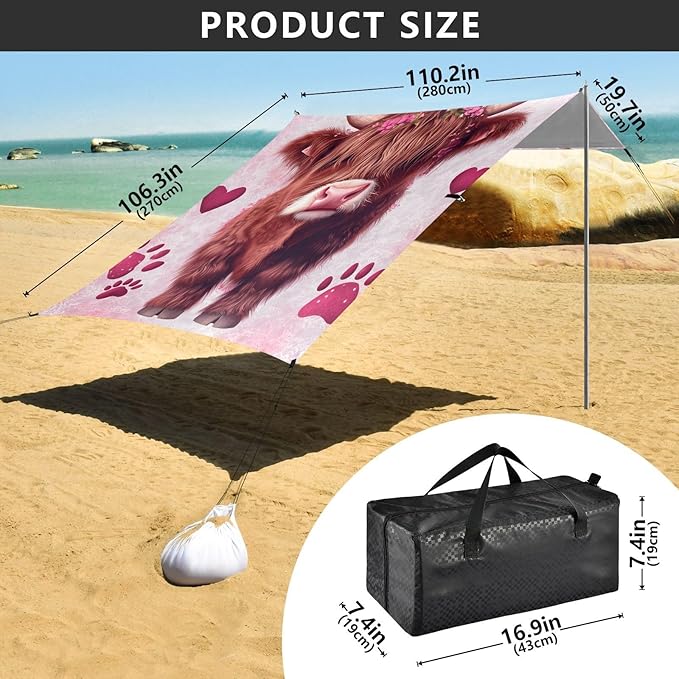 ALAZA High and Low Cattle Footprints Heart Beach Tent Sun Shelter Portable Canopy Sunshade for Outdoor Camping Picnics Backyard Fun 10x9 ft