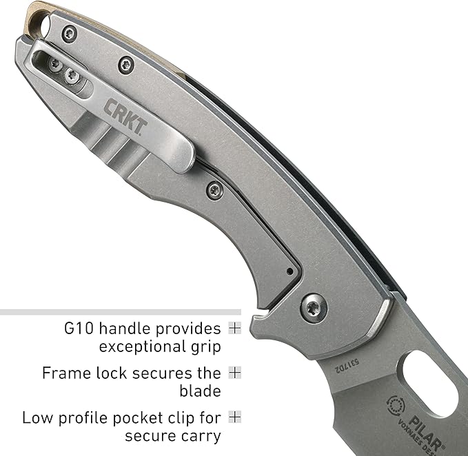 CRKT Pilar III EDC Folding Pocket Knife:D2 Blade Steel Compact Everyday Carry Satin Blade with Finger Choil Thumb Slot Open Frame Lock Stainless Handle Reversible Pocket Clip 5317D2