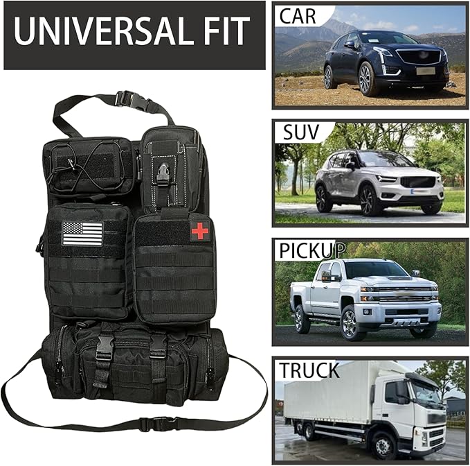 6 Pack Tactical Molle Car Seat Back Organizer Tactical Vehicle Panel with 5 Detachable Molle Pouch for Car Truck Ford Jeep VehicleUS Patch Automotive Organizer For Man (5 Pouches)