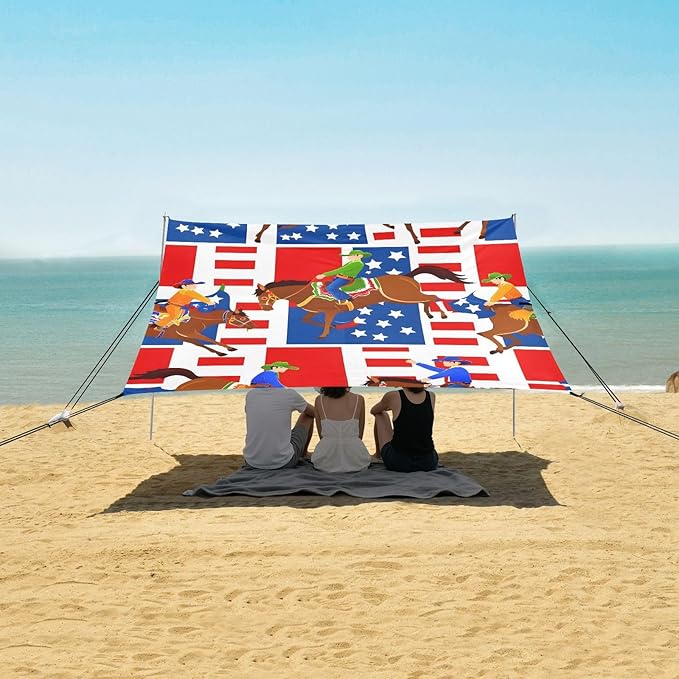 Cartoon American Cowboys Beach Tent Sun Shelter Set UPF50+ UV Protection 10.5 x 9.19 FT Camping Shade Canopy with Sandbags Sand Anchors Carrying Bag and Others