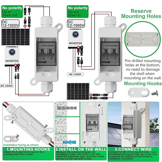 Solar Disconnect Switch 20A DC1000V Circuit Breaker 2P with PV Connector and IP65 Small Breaker Box and Wall Hooks for Outdoor PV Stystem Battery PV Array MCB