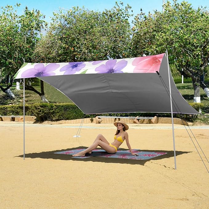 Beach Canopy with Windproof Ropes &amp Sandbags Beach Tent Sun Shade Sun Shelter for Camping Trips Fishing Backyard Fun or Picnics Flowers