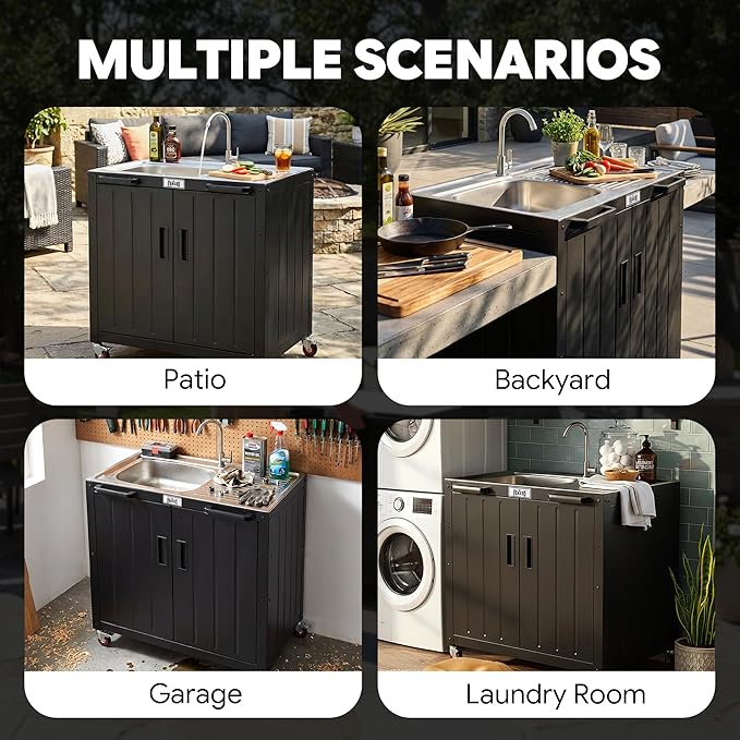 Feasto Outdoor Kitchen Island with Stainless Steel Sink and Storage Cabinet 35-Inch BBQ Prep Station with Faucet &amp Lockable Wheels for Patio Backyard and Outdoor Cooking Black &amp Silver