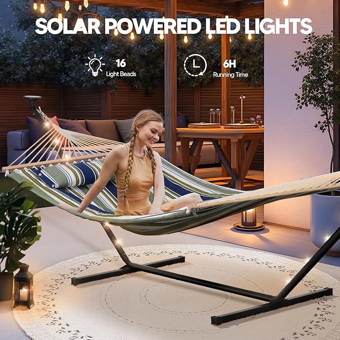 SUNCREAT Double Hammock with 12 ft Stand Solar Powered Lights Outdoor Standing 2 Person Hammock Dark Green
