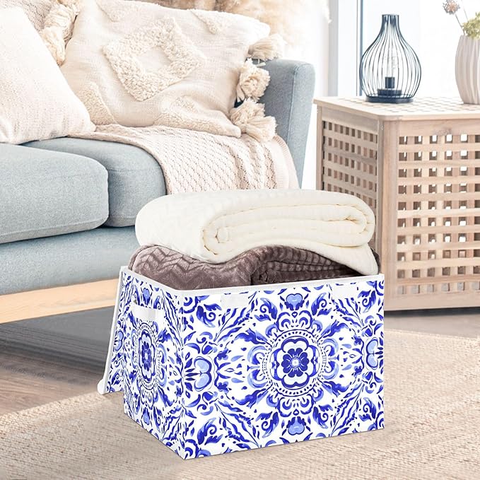 Blue Ornamental Pattern Lidded Storage Bins with Handles - 16.5x12.6x11.8 Foldable Organizing Box Oxford Fabric &amp Honeycomb Board Dust-Proof Flip Lid for Closet/Office