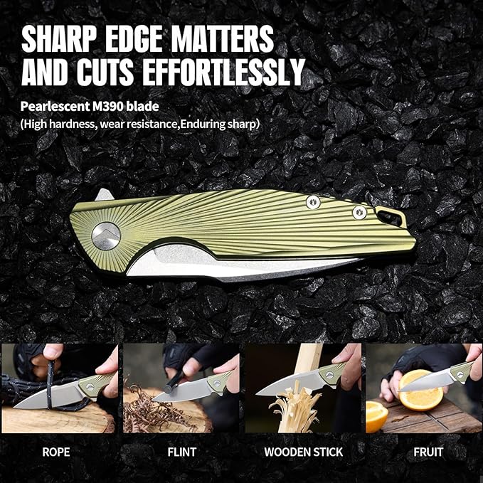 Folding Pocket KnifeEDC KnifeM390 Steel BladeTitanium Carbon Fiber HandleTactical/Outdoor Camping/Survival/HuntingKnife (Golden)