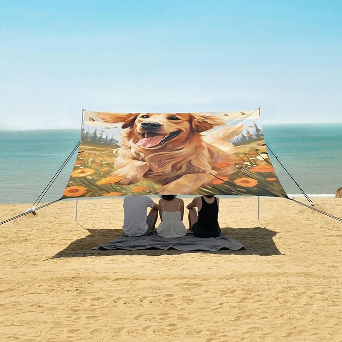 ALAZA Happy Golden Retriever in Flower Field Beach Tent Sun Shelter Portable Canopy Sunshade for Outdoor Camping Picnics Backyard Fun 10x9 ft