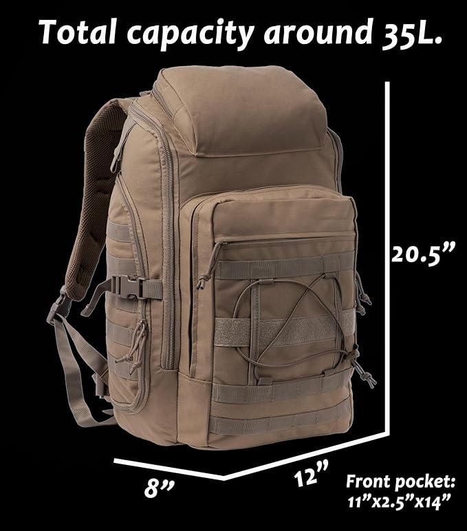 35L Tactical Backpack Military Rucksack MOLLE Quick-Access Flap EDC Pack for Hiking Camping Travel Work Bugout Emergency
