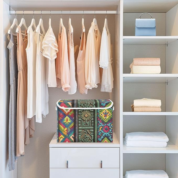 Tradition Pattern Large Storage Bins with Linen Foldable Storage Box Fabric Organizer Bin with Flip-Top Lid for Home Office 16.5 x 12.6 x 11.8 Inch