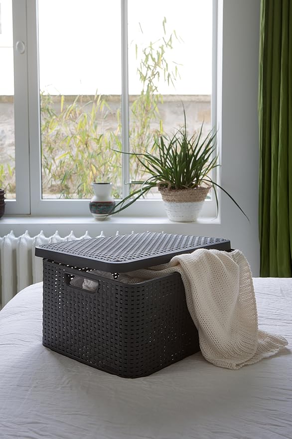 Curver - Basket with lid Rattan Style Small Anthracite