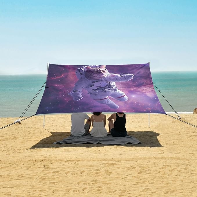 ALAZA Astronaut Cat Funny Beach Tent Sun Shelter UPF50+ Protection Beach Shade Canopy w/ 4 Sandbags for Outdoor Camping Fishing Backyard Fun Picnic 10x9 ft