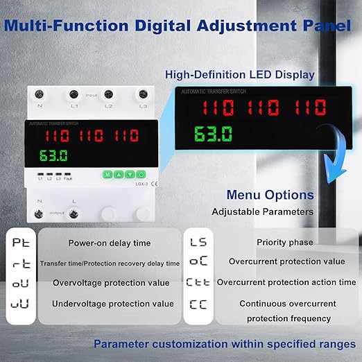 63A 110/120V Triple Power Automatic Transfer SwitchAutomatic Switching Between Utility Power、Generator and InverterOvercurrent ProtectionOvervoltage and undervoltage Protection