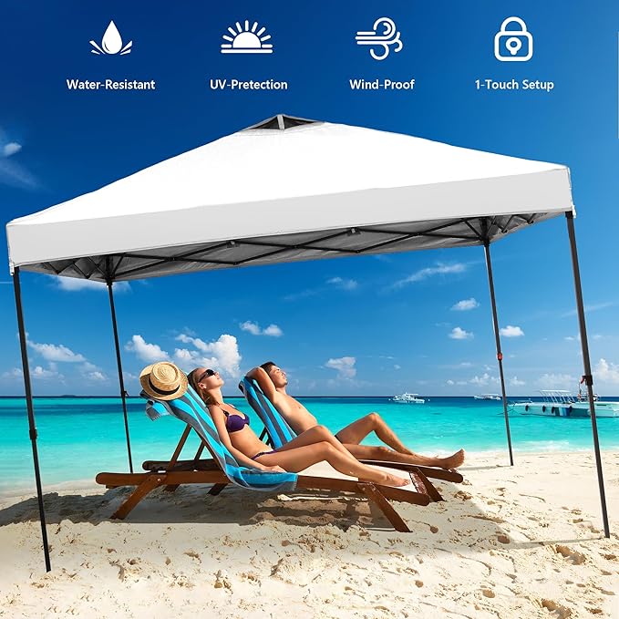 GDY 10x10 Pop Up Canopy Tent with 4 Sidewalls Easy Set up with One Push Lift Outdoor Silver Coated Beach Gazebos Carpas with 4 Sandbags for Events PartiesCamping White.